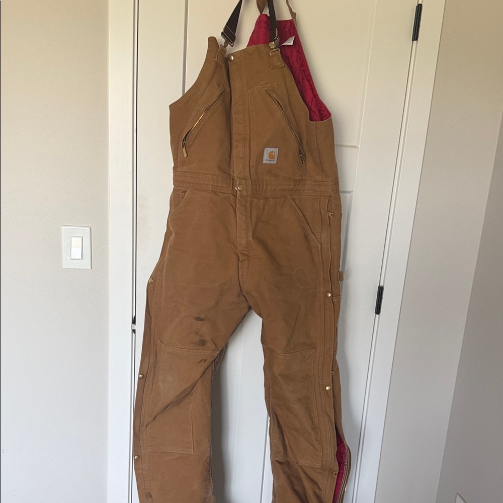 Carhartt Tan Duck Bib Overalls with Red Lining